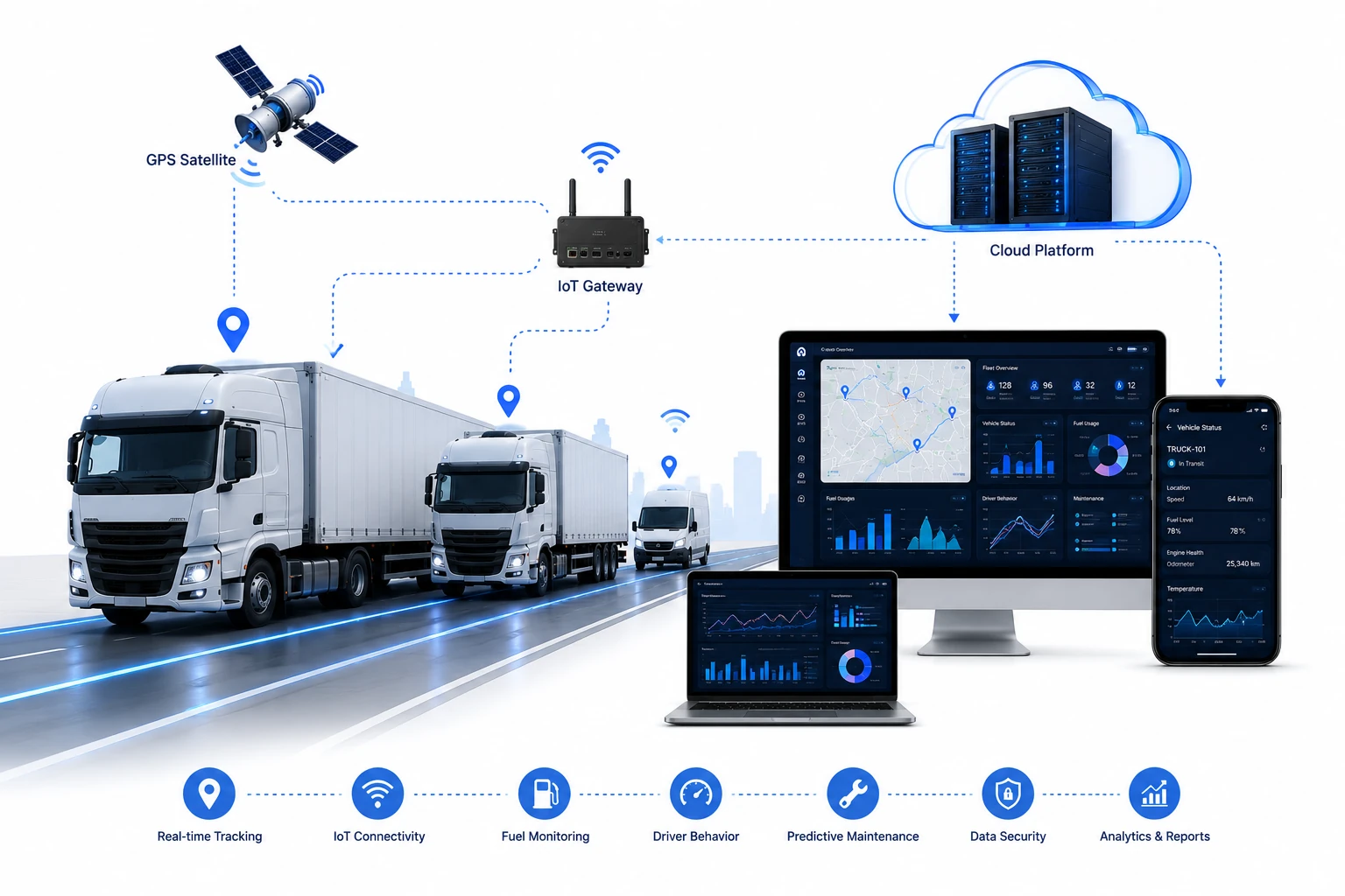 Complete PolarGrid Industrial IoT ecosystem: GPS tracking, an IoT gateway, cloud platform and live dashboards across desktop, tablet and mobile